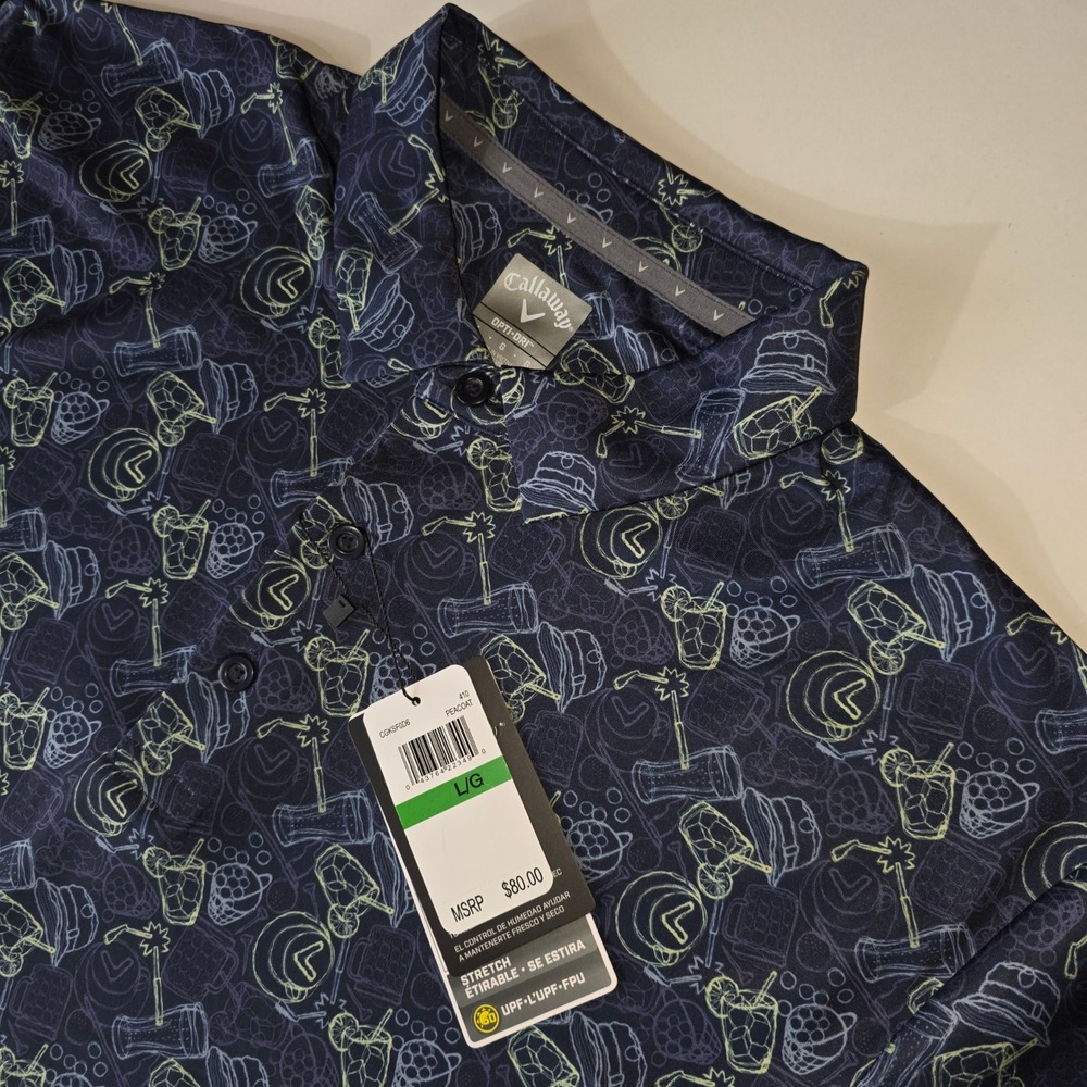 Callaway Men's L Day on the Course Golf Polo Navy Print Opti-Dri Stretch NWT NEW